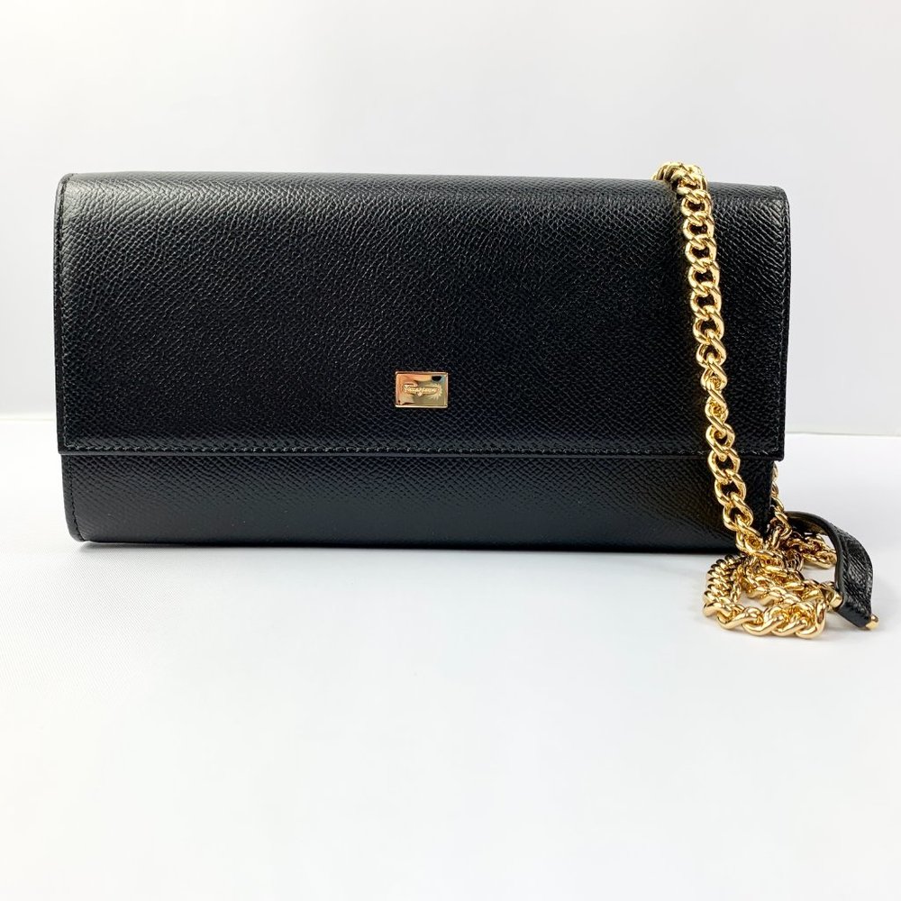 Salvatore Ferragamo Wallet on Gold Chain in Black NEW IN BOX